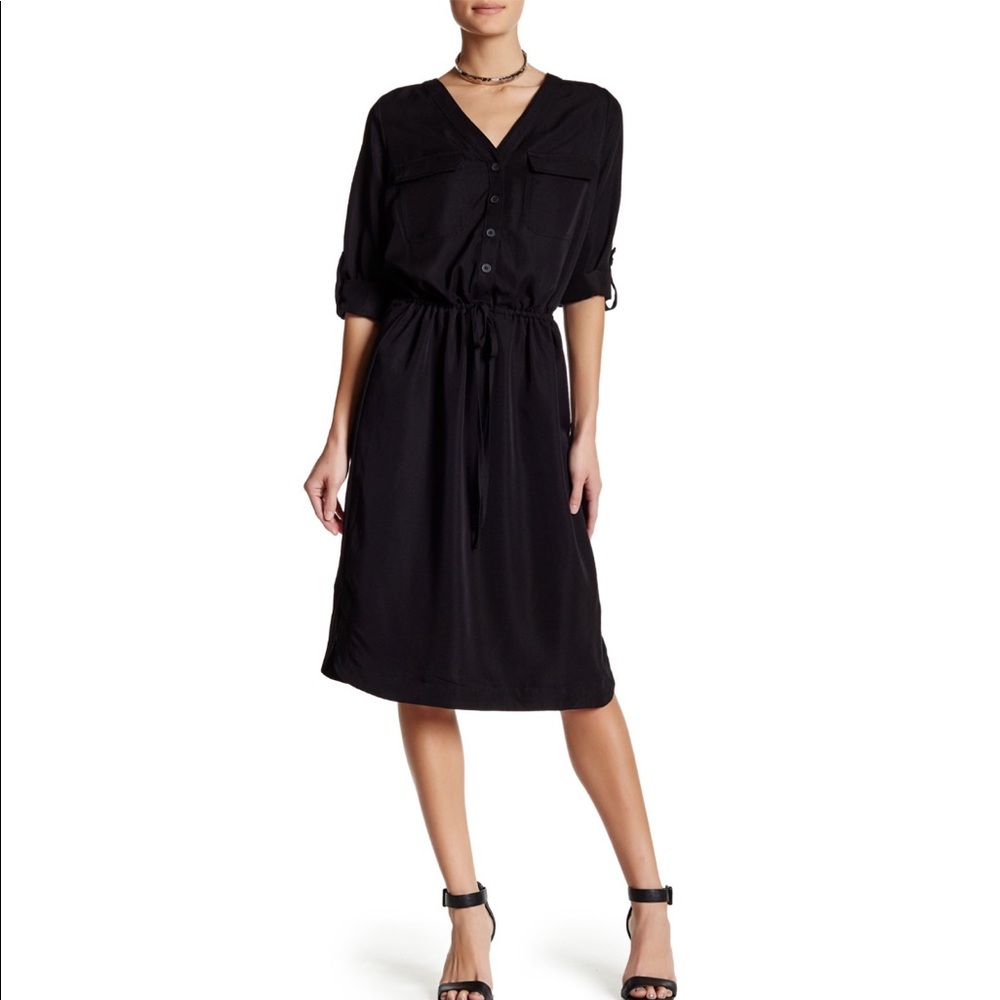 Max Studio Twill Drawstring Shirt Dress Black